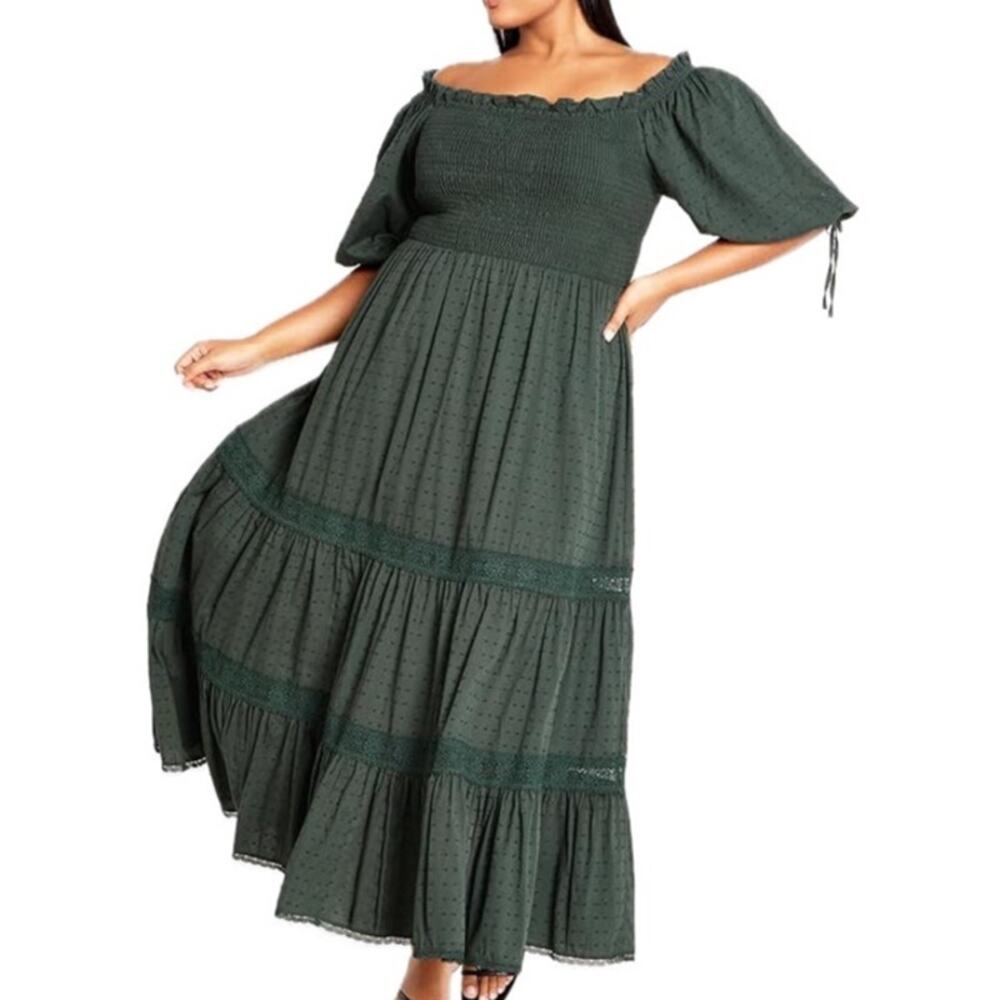 City Chic Green Swiss Dot Smocked Puff Sleeve Tiered Love Shirred Maxi Dress